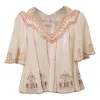 Ecru embroidered cotton seersucker Biani cold-shoulder flutter sleeve blouse