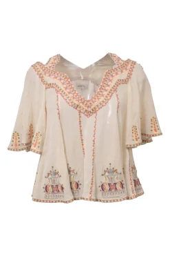 Ecru embroidered cotton seersucker Biani cold-shoulder flutter sleeve blouse
