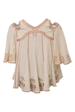Ecru embroidered cotton seersucker Biani cold-shoulder flutter sleeve blouse