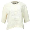 Ecru floral-embroidered crewneck half-sleeve pullover woven top