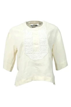 Ecru floral-embroidered crewneck half-sleeve pullover woven top