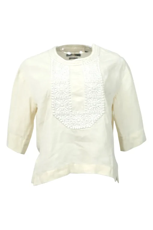 Ecru floral-embroidered crewneck half-sleeve pullover woven top