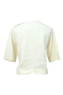 Ecru floral-embroidered crewneck half-sleeve pullover woven top