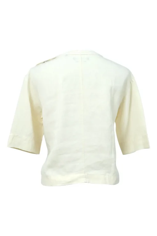 Ecru floral-embroidered crewneck half-sleeve pullover woven top