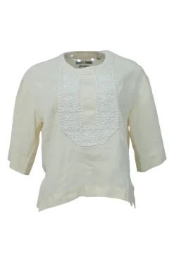Ecru floral-embroidered crewneck half-sleeve pullover woven top