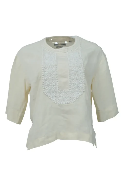 Ecru floral-embroidered crewneck half-sleeve pullover woven top