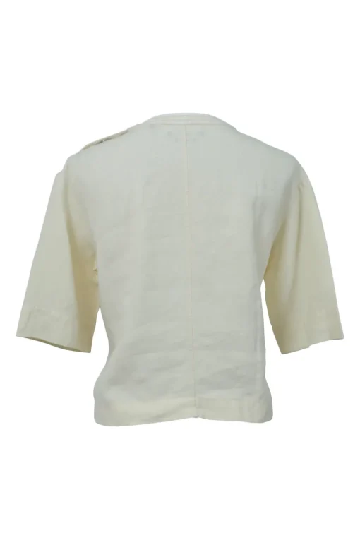 Ecru floral-embroidered crewneck half-sleeve pullover woven top