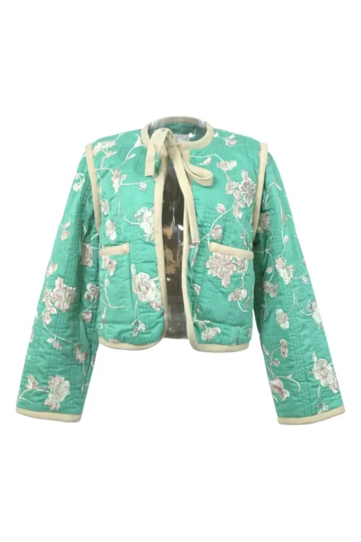 Ecru floral-embroidered crewneck half-sleeve pullover woven top