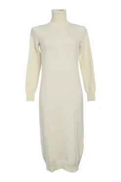 Ecru fully-fashioned turtleneck pullover midi sweater dress