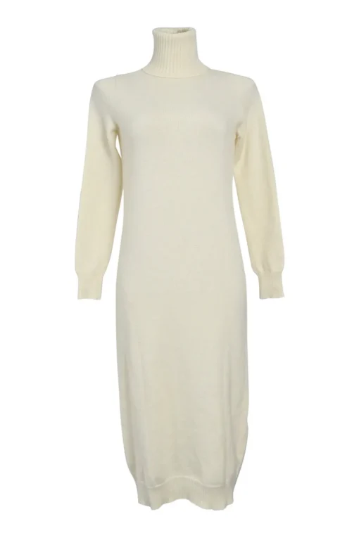 Ecru fully-fashioned turtleneck pullover midi sweater dress