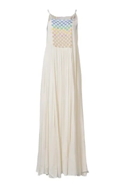 Ecru gathered rayon column slip dress featuring multi-colour bead broderie check motif at centre front
