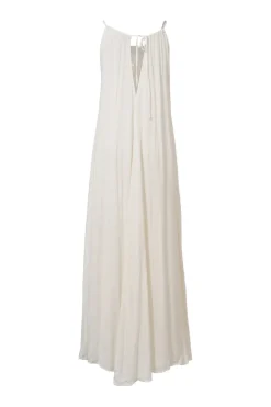 Ecru gathered rayon column slip dress featuring multi-colour bead broderie check motif at centre front