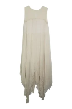 Ecru hammered crinkle silk pullover ruffle swing-style sack shift dress with handkerchief hem