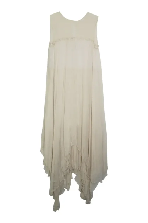 Ecru hammered crinkle silk pullover ruffle swing-style sack shift dress with handkerchief hem