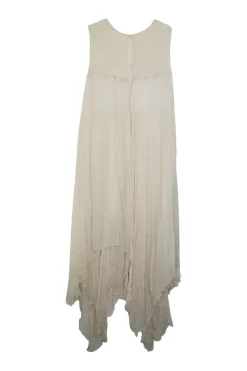 Ecru hammered crinkle silk pullover ruffle swing-style sack shift dress with handkerchief hem