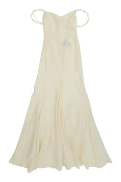 Ecru linen La Robe Camargue open-back godet slip bridal gown with stacked tie fastening at centre back