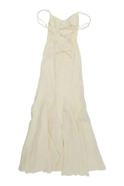 Ecru linen La Robe Camargue open-back godet slip bridal gown with stacked tie fastening at centre back