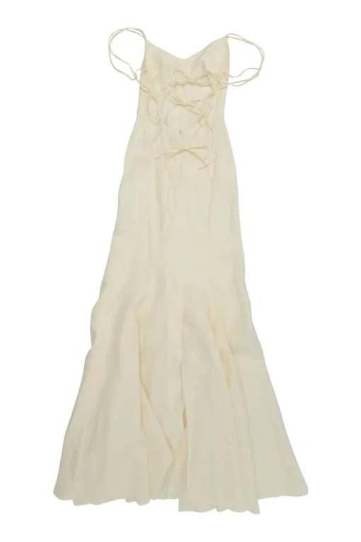 Ecru linen La Robe Camargue open-back godet slip bridal gown with stacked tie fastening at centre back