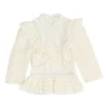 Ecru linen shirtwaist-style pintuck high-collar peplum blouse with tonal lace inserts
