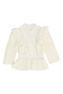 Ecru linen shirtwaist-style pintuck high-collar peplum blouse with tonal lace inserts