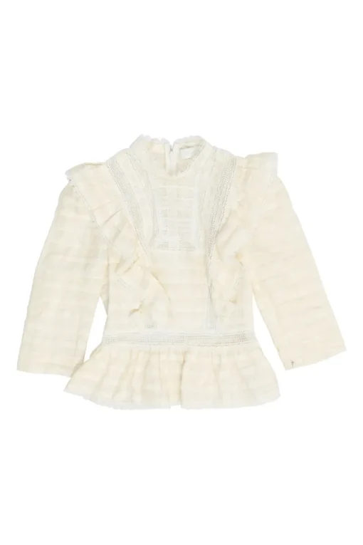 Ecru linen shirtwaist-style pintuck high-collar peplum blouse with tonal lace inserts