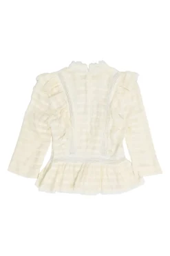 Ecru linen shirtwaist-style pintuck high-collar peplum blouse with tonal lace inserts