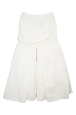 Ecru linen-cotton blend low-rise draped midi skirt with pleated flounce