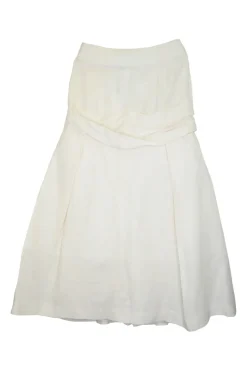 Ecru linen-cotton blend low-rise draped midi skirt with pleated flounce