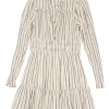 Ecru metallic striped cotton-blend gauze tie-neck keyhole front A-line mini dress