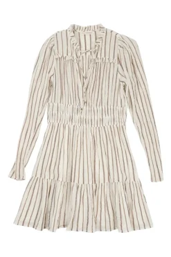 Ecru metallic striped cotton-blend gauze tie-neck keyhole front A-line mini dress