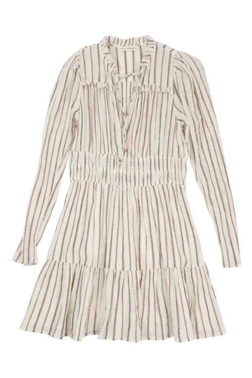 Ecru metallic striped cotton-blend gauze tie-neck keyhole front A-line mini dress