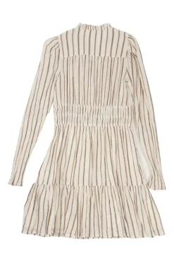 Ecru metallic striped cotton-blend gauze tie-neck keyhole front A-line mini dress