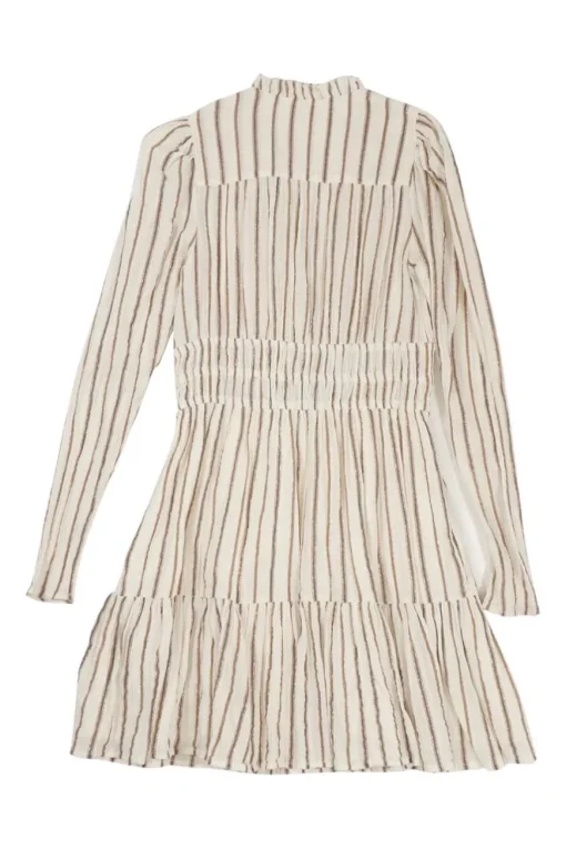 Ecru metallic striped cotton-blend gauze tie-neck keyhole front A-line mini dress