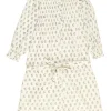 Ecru organic cotton boteh block print ruffle collar tie-waist swing-style shirt dress
