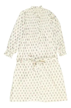Ecru organic cotton boteh block print ruffle collar tie-waist swing-style shirt dress