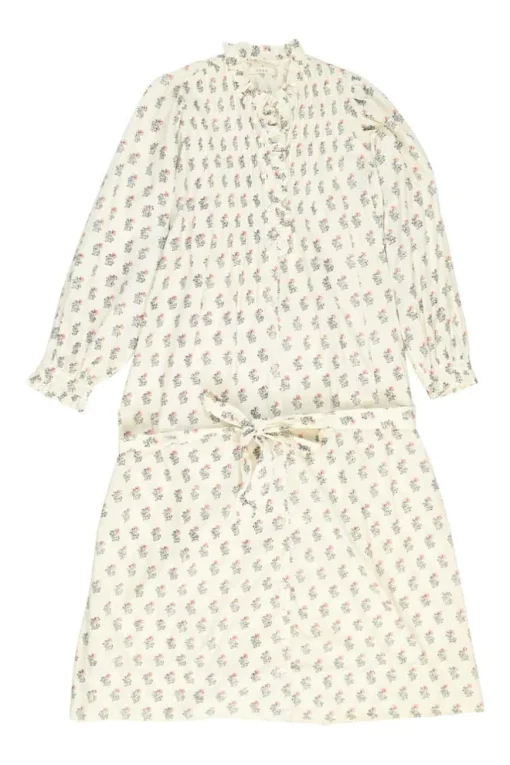 Ecru organic cotton boteh block print ruffle collar tie-waist swing-style shirt dress
