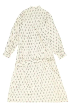 Ecru organic cotton boteh block print ruffle collar tie-waist swing-style shirt dress