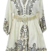 Ecru paisley-embroidered linen plunge neck empire-waist belted mini dress with blouson sleeves