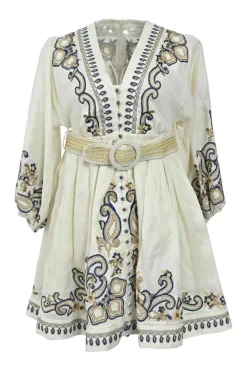 Ecru paisley-embroidered linen plunge neck empire-waist belted mini dress with blouson sleeves