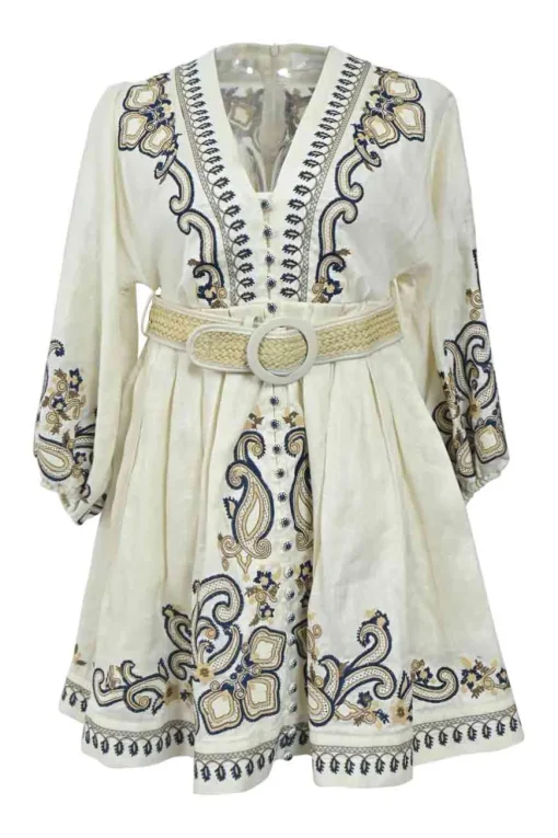 Ecru paisley-embroidered linen plunge neck empire-waist belted mini dress with blouson sleeves
