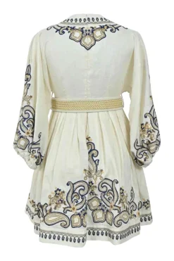 Ecru paisley-embroidered linen plunge neck empire-waist belted mini dress with blouson sleeves