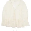 Ecru semi-sheer polyester gauze smocked poet blouse with drawstring collar