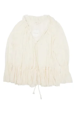 Ecru semi-sheer polyester gauze smocked poet blouse with drawstring collar