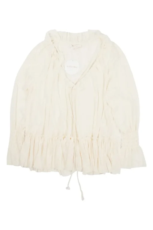 Ecru semi-sheer polyester gauze smocked poet blouse with drawstring collar