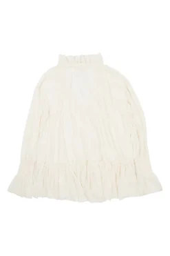 Ecru semi-sheer polyester gauze smocked poet blouse with drawstring collar