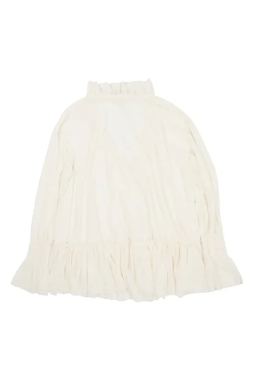 Ecru semi-sheer polyester gauze smocked poet blouse with drawstring collar