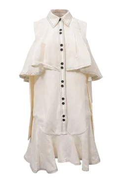 Ecru silk-linen blend Campase point collar cold-shoulder flounce shirt dress with contrasting topstitching details