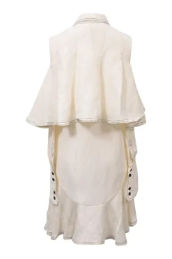 Ecru silk-linen blend Campase point collar cold-shoulder flounce shirt dress with contrasting topstitching details
