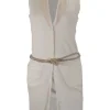 Ecru sleeveless V-neck casual long cardigan with cord belt