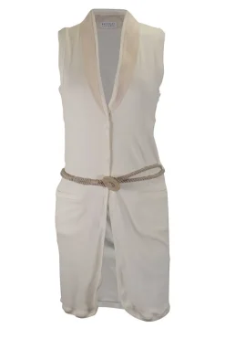 Ecru sleeveless V-neck casual long cardigan with cord belt